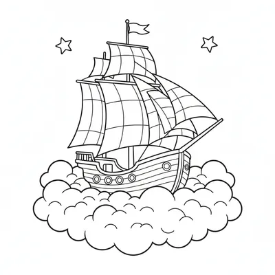 Ship Cruising the Sky with Its Flag Waving Coloring Page