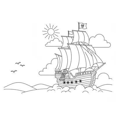 Ship Flying Above the Clouds Alongside Birds Coloring Page