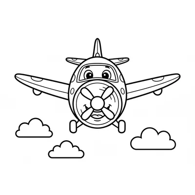 Cheerful Airplane Flying Through the Clouds Coloring Page