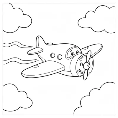 Happy Airplane Diving Through Cotton Clouds Coloring Page