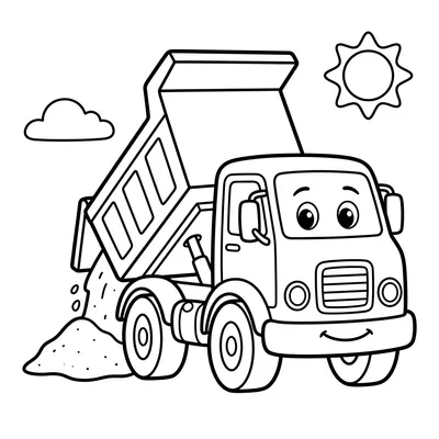 Cheerful Dump Truck Unloading Sand in the Park Coloring Page