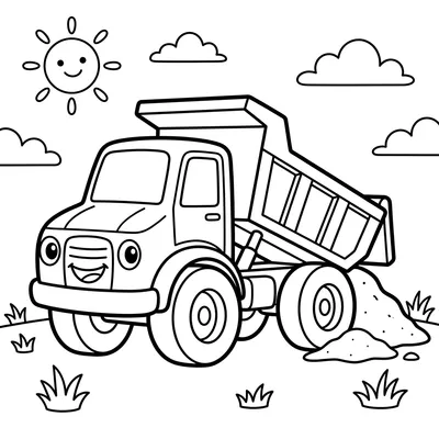 Cute Dumper Truck Making a Sand Pile in the Park Coloring Page