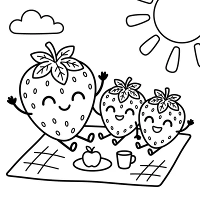 Strawberries Having a Picnic Coloring Page