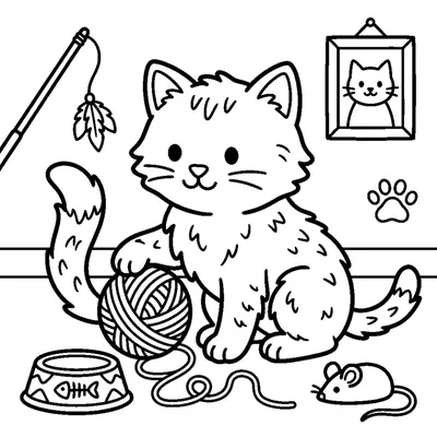 Fluffy kitten playing with a ball of yarn