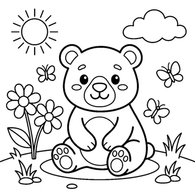 Friendly bear cub sitting in a meadow
