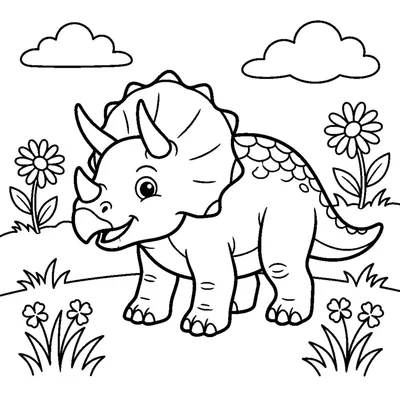 Friendly baby triceratops in a meadow