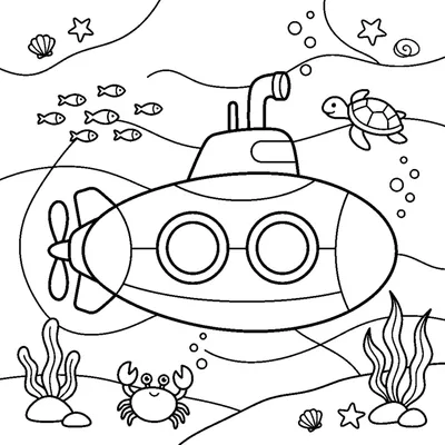 Submarine underwater with round portholes