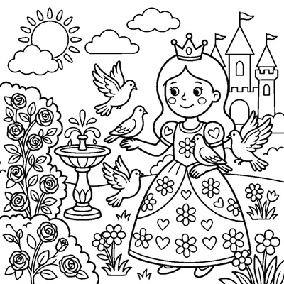 Princess feeding doves in a garden