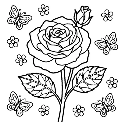 A blooming rose with a stem and leaves