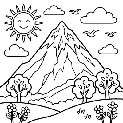 A mountain with a sun and clouds
