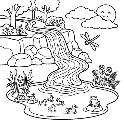 A waterfall flowing into a pond
