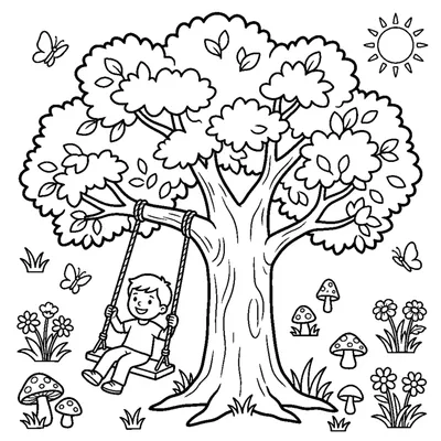 A big oak tree with a swing hanging from a branch