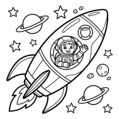 A rocket with an astronaut waving from the window