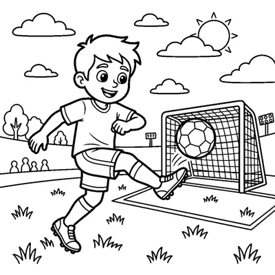 A generic soccer player kicking a ball toward a goal net