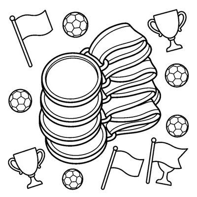 A stack of shiny winner's medals on ribbons