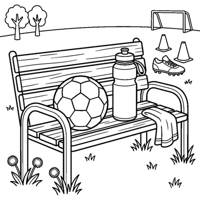 A water bottle and a soccer ball on a bench