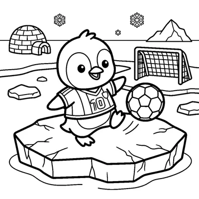 A little penguin happily kicking a soccer ball