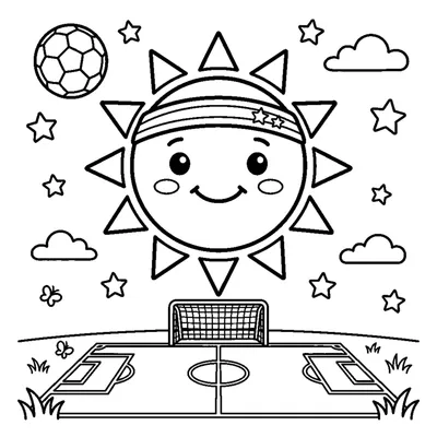 A cheerful sun wearing a headband above a soccer field