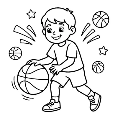 A generic smiling kid dribbling a basketball with both hands