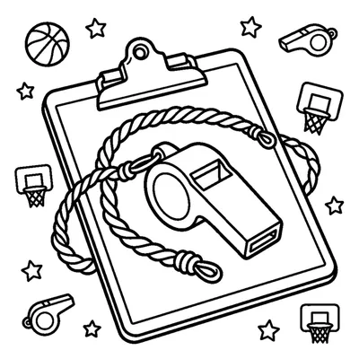 A whistle on a cord for a friendly coach, sitting on a clipboard