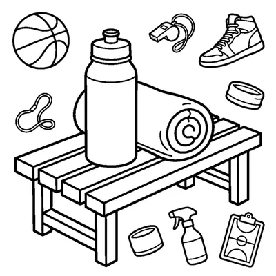 A water bottle and a rolled-up towel resting on a bench