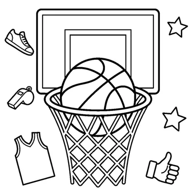 A basketball resting inside the hoop net, halfway through