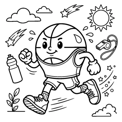 A cute cartoon basketball wearing sneakers and running along