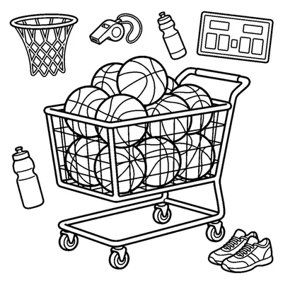 A small gym cart holding a stack of round basketballs