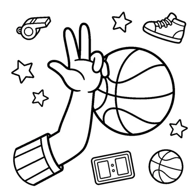 A referee's hand signal with an arm raised and a basketball nearby