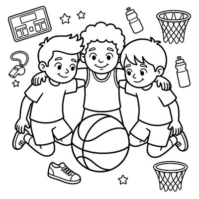 A group of three generic kids in a huddle with a basketball in the middle