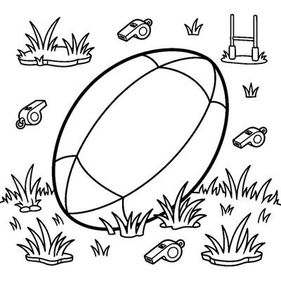 A single oval rugby ball resting on the grass with simple panel lines