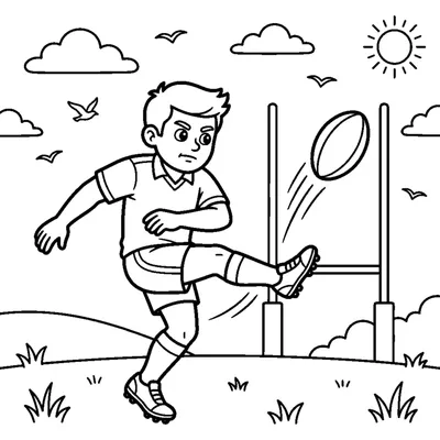 A player kicking a rugby ball high toward tall goal posts