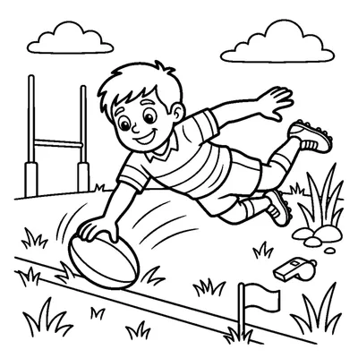 A cheerful player diving to place the ball down for a try over the line