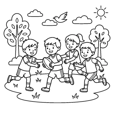 A group of happy kids playing rugby together in a park