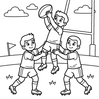 A player being lifted up high by teammates to catch the ball in a lineout