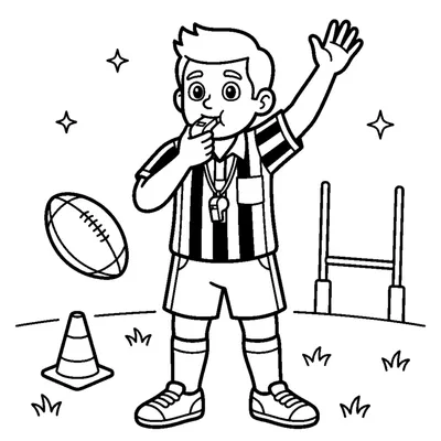 A friendly referee blowing a whistle and raising one arm