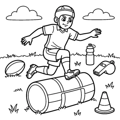 A player leaping over a tackle bag during practice