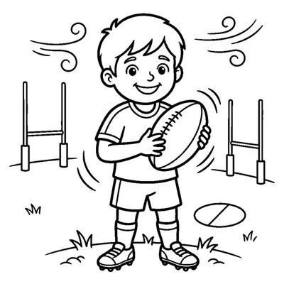 A smiling child holding a rugby ball with both hands