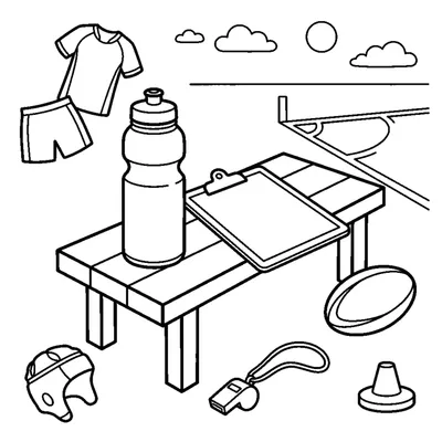 A water bottle and a coach's clipboard resting on a bench by the field