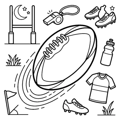 A rugby ball flying through the air leaving a curved motion trail