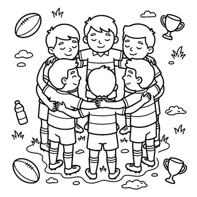A team huddle of players standing in a circle with arms around each other