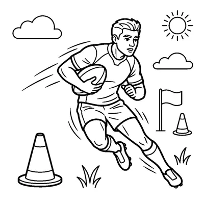 A player sprinting fast with the ball, dodging around a cone