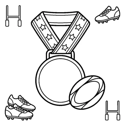 A medal with a ribbon hanging beside a small oval rugby ball