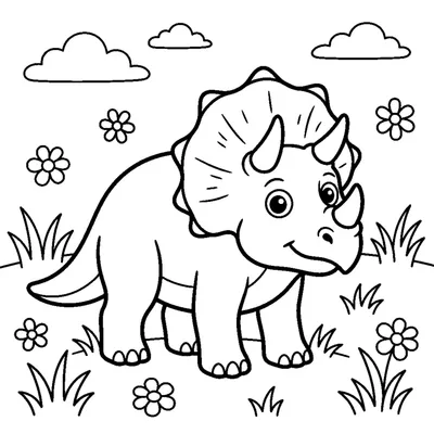 A cute triceratops standing in a meadow with three round horns