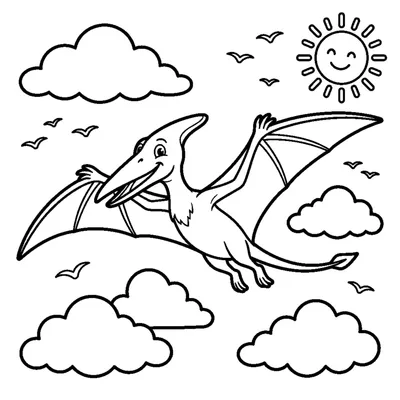 A pterodactyl gliding through the sky above puffy clouds