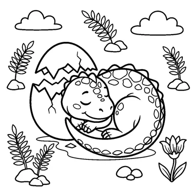 A baby dinosaur curled up asleep next to its egg