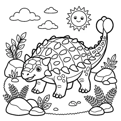 A round-bodied ankylosaurus with a club tail near some rocks