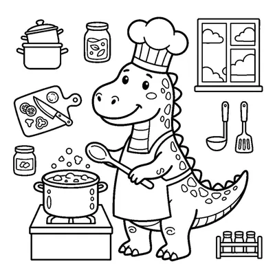 A dino chef holding a wooden spoon over a bubbling pot