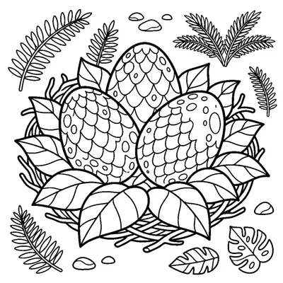 A group of three dino eggs sitting together in a leafy nest