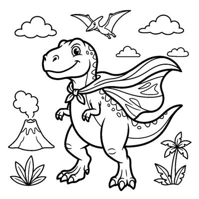 A dino wearing a superhero cape striking a fun pose